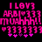 Pixelated pink text and symbols on black background, featuring repeated phrases 'I LOVE', 'ARBI=333', 'MUHHH!', and heart sequences with star-like shapes.