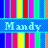 Pixelated blue background with vertical rainbow stripes and four text blocks reading 'Mandy', 'AND', 'Lyndsie', 'BFFS' in light blue font.