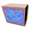 Five brown-cased CRT TVs with blue static display, followed by five black-and-white TVs showing gray static, then one TV displaying a person's face.