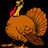 Pixelated turkey with red wattle and yellow beak stands on black background, text reads 'Happy Thanksgiving' and 'Gobble Gobble' in brown and white.
