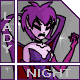 Pixelated character with purple hair and dark eyes, wearing a blue polka-dot dress, holding a pink flower against gray background.