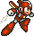 Pixel art character in red and brown armor with silver accents, holding a sword-like weapon, shown in two poses against gray background.