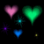 Five pixelated heart and star shapes in pink, green, blue, purple, and yellow on a black background.