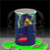 A cylindrical container with a metallic top holds dark blue liquid, emitting green vapor and a red oval object floating inside.