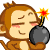 Pixel art monkey with closed eyes and pink cheeks holds a bomb with a lit fuse, shown in multiple