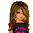 Pixel art of a female character with long brown hair, blue eyes, and pink-accented black clothing standing on a gray platform.