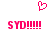 Pixelated pink heart icon above two identical pixelated text strings reading 'SYD!!!!!' on white background.