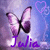 A pixelated butterfly icon with purple and white wings, a heart symbol above it, and the name 'Julia' in stylized purple text below on a blue-purple gradient background.