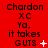 Red background with black text reading "Chardon XC Ya, it takes GUTS" and animated white symbols changing across frames.