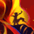 Pixelated static icon showing a dark silhouette of a running figure against a bright yellow circular background with red and orange gradient edges, set on a solid red backdrop.