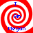 Four identical red and white spiral patterns with blue text reading "I Am Megan" arranged in a