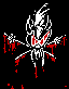 Pixelated white skull with red accents on black background, showing blood-like drips and splatters across three vertical