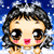Pixelated cartoon character with large brown eyes, black curly hair, and pink cheeks appears in three variations against a blue starry background.
