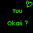 Green pixelated text and heart symbol on black background, with 'YUU' above 'Okaii?' in two identical side-by-side arrangements.