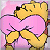 Pixelated static image of a yellow cartoon bear with black eyes and nose, holding pink heart-shaped objects against a light purple background.