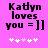 Pixelated text on bright pink background reads "Kadyn loves you = ]]") with white and light pink hearts below.