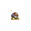 Pixel art character in brown helmet with blue side module and yellow antenna, green limbs, white face with black eyes and orange mouth, shown in four distinct poses on gray background.