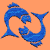 Animated contact sheet of seven blue zodiac-themed icons on orange background, each icon depicting a stylized Pisces symbol in different configurations with pixelated rendering and visible animation frames.