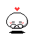 Pixel art contact sheet of 8 animated frames showing a white round character with red blush, black eyes, and heart above head in various poses on gray background.