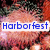 Pixelated image with text overlays: 'Harborfest' in blue, 'Fireworks' in pink, and 'Saturday the 26' in green on a red-and-black background.