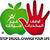 Green apple with three leaves and a red hand with five fingers touching the apple's side.