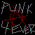 Pixelated text 'PUNK' and 'FUCK' in multicolored block letters with red scribbles on a black background.