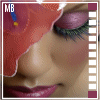 Animated sequence of a person's face with red hair, purple eyeshadow, and pink lips in filmstrip-style frames.