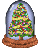 Pixelated Christmas tree inside glass dome with brown base, decorated with yellow garlands and multicolored ornaments.