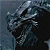 Pixelated dark figure with metallic helmet and glowing eyes against a blue-gray background, appearing to hold a weapon.