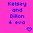 Pixelated blue text on bright pink background reads 'Kelsey and Dillon 4 eva' with two heart symbols below.