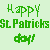 Green pixelated text reads 'Happy St Patricks days' next to a four-leaf clover on light green background.