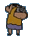 Pixelated cartoon character in yellow shirt and purple shorts performing various poses with a silver camera against light gray background.