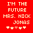 Red background with white pixelated text reading "I'M THE FUTURE MRS. NICK JONAS" and five heart symbols below, two of which are pink.