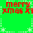 Green background with red text reading "merry xmas X3" in four quadrants, white snowflake and dotted line borders.
