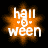 Orange starburst shape with white text 'hall-o-ween' on black background, three variations showing different pixelation levels.