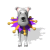 Pixelated dog with gray fur and pink ears wears purple-and-gold collar; three views show head position changes against white background.