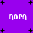 Purple background with white pixelated text 'nora' repeated four times, surrounded by black plus signs and dots.