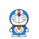 Doraemon character in blue body, white face, red nose, and yellow bell necklace with multiple poses including smiling, singing into microphone, and musical notes floating around.