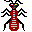 Three pixel-art ants with red bodies, black limbs, and multicolored eyes on a gray background.
