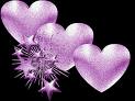 Static image of four overlapping purple hearts with starbursts on a black background, rendered in a glossy 3D style with light reflections and subtle transparency effects.
