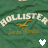 Green fabric background with repeated 'Hollister' text and orange bird logos, featuring a white pixelated heart icon that alternates between two positions.