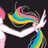 A stylized figure with multicolored flowing hair in pink, yellow, green, and blue against a black background, arms extended in a dynamic pose.