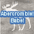 Pixelated image of a white reindeer on gray background with blue text banners reading 'Abercrombie' and 'Babel'.