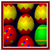 Pixelated grid of six egg-shaped objects in yellow, red, and green with dark blue background and red border.