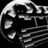 Black-and-white circular icon with stylized character face and striped lower section, showing motion blur in top-right frame.