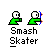 Animated pixel art of two green figures with white heads, one holding a blue stick that moves through various positions above the other figure's head.