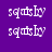 Pixelated text 'squishy' repeated in two on a split purple and white background with varying shades of purple