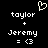 Pixelated white text and symbols on black background showing 'taylor + Jeremy = <3' with a heart symbol above.