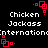 Pixelated text and red square patterns on a black background, with repeated 'Chicken Jackass' and 'International' text segments.