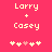 Pixelated text 'Larry + Casey' on bright pink background with five small icons below, two versions showing different heart positions.